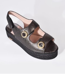 Wedges : Double Buckle Sandal - Black combo with Black