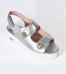 Wedges : Double Buckle Sandal - Silver 